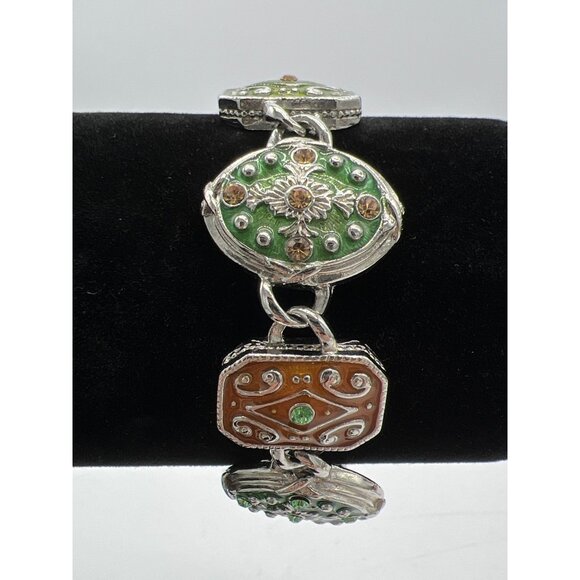 Vintage Style Silver-Tone Enamel Bracelet With Green & Brown Accents Floral & Sw - Picture 2 of 7